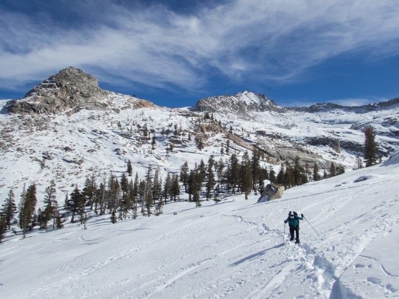 Bonnie postholing out of Pear Lake